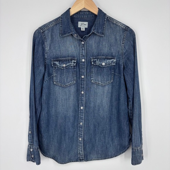 J.Crew Tops - J Crew Denim Chambray Pearl Snap Shirt Womens 8P Blue Western Snap Pocket